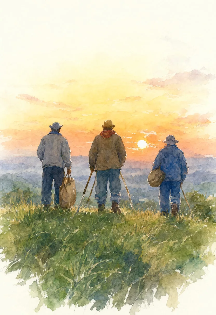 Family on a Hill Watching Sunset in warm evening light