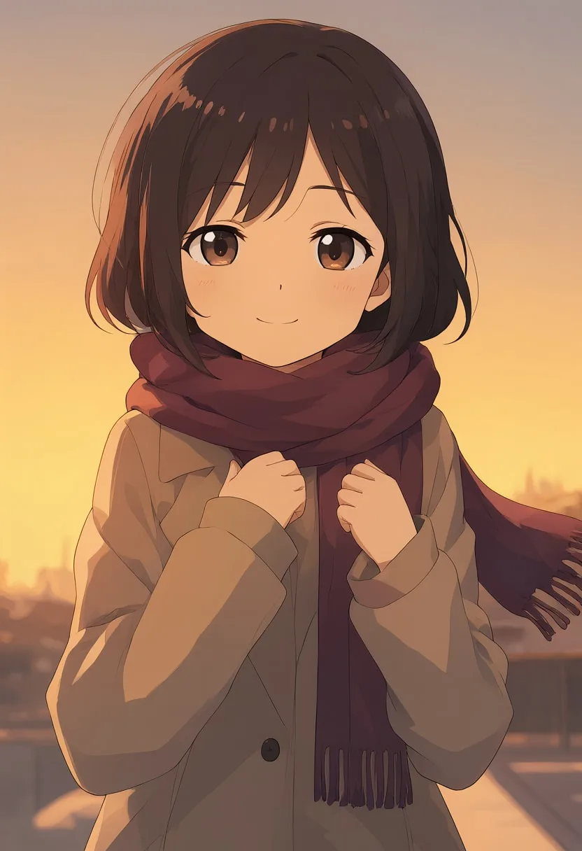 Cartoon Girl with a Scarf in warm evening light