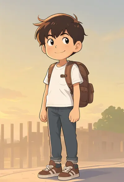 Cartoon Boy with a Backpack in warm evening light