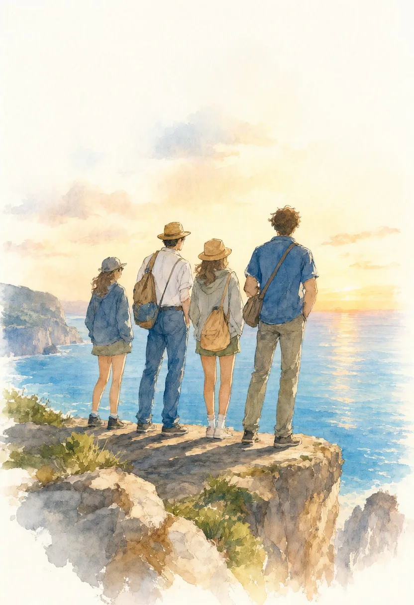Group of Four on a Cliff in warm evening light