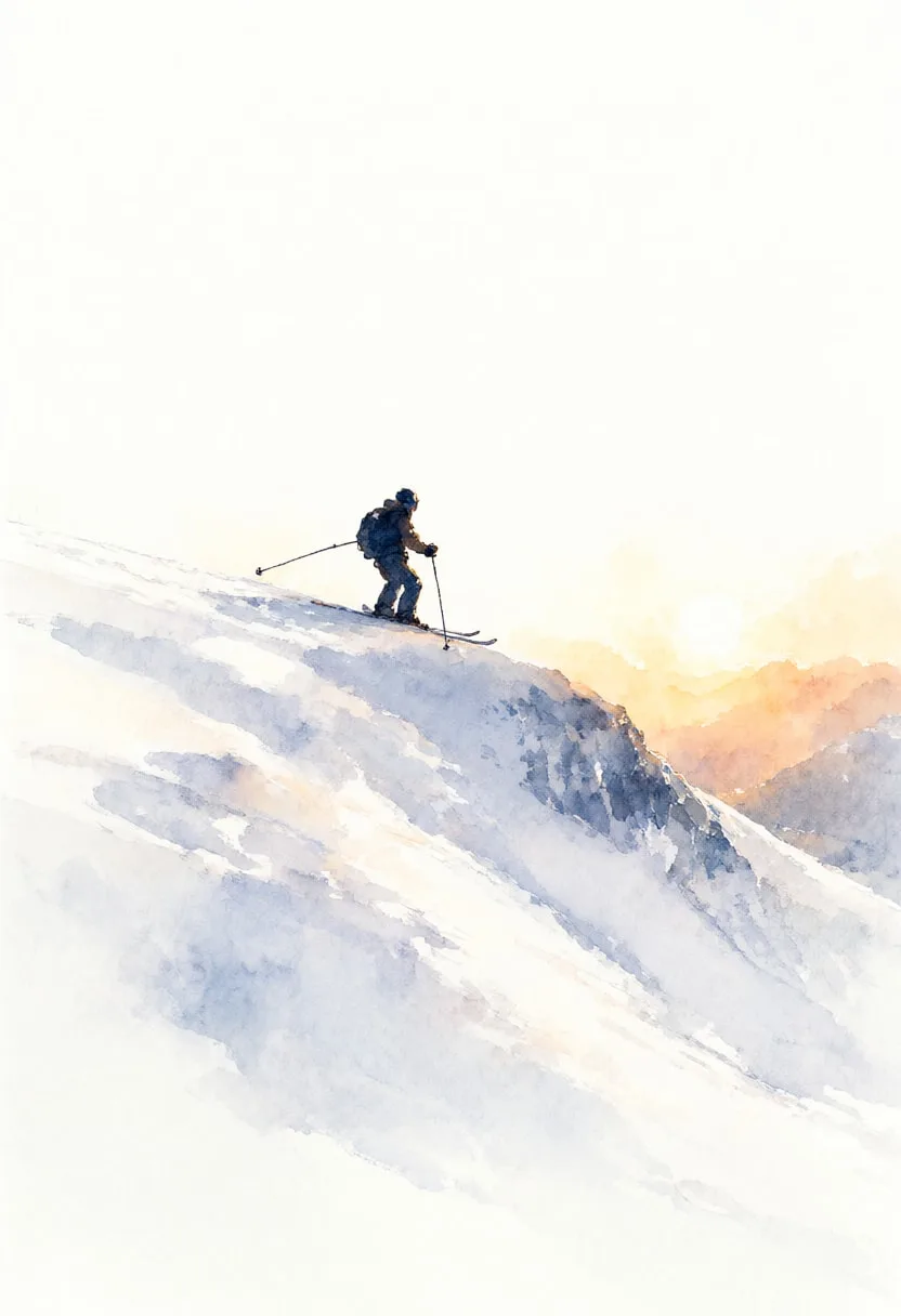 Skier Silhouette on a Ridge in warm evening light