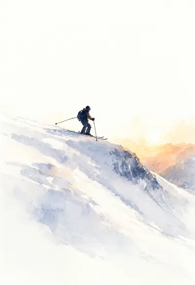 Skier Silhouette on a Ridge in warm evening light