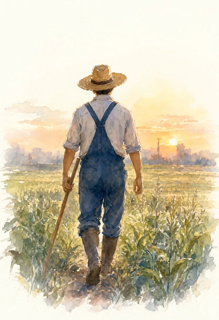 Farmer Walking through a Field in warm evening light