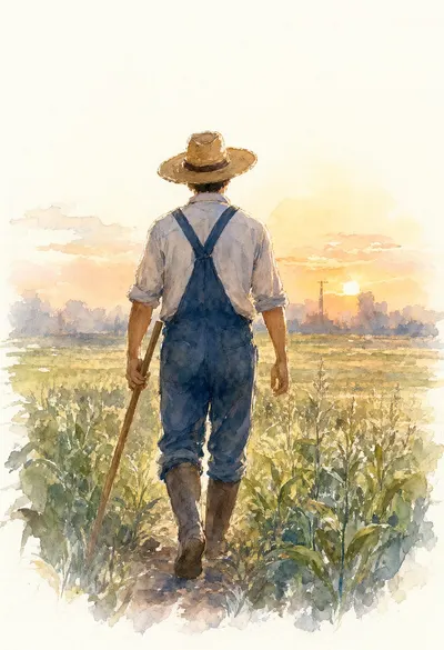 Farmer Walking through a Field in warm evening light