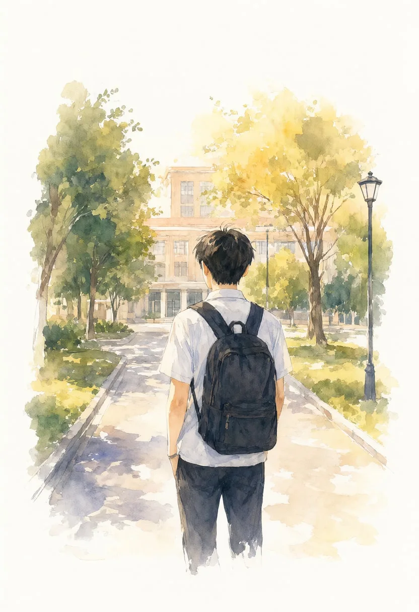 Student with a Backpack from Behind in warm evening light