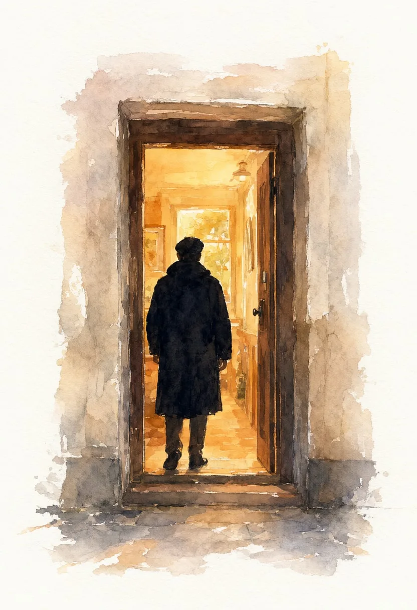 Figure in a Doorway with Warm Light in warm evening light