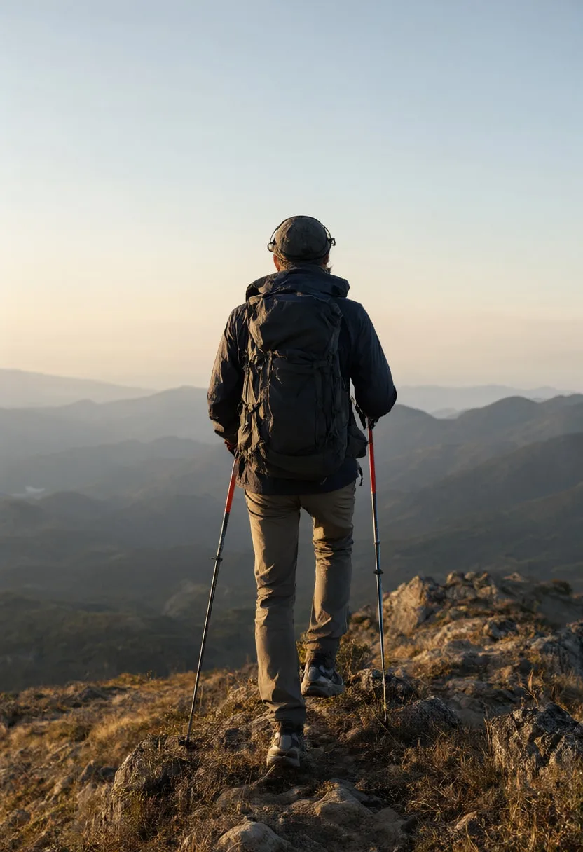Back View of a Hiker on a Ridge at golden hour