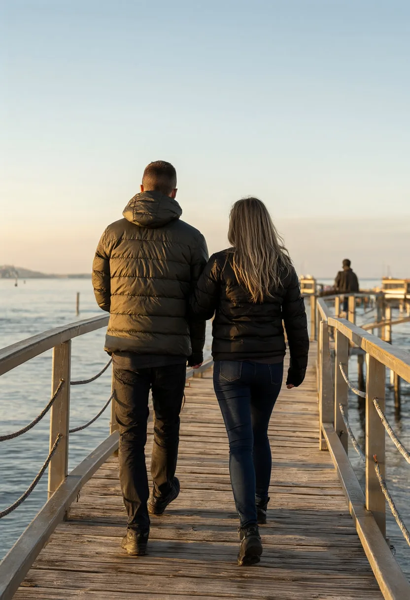 Couple on a Pier at Dawn at golden hour