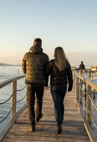 Couple on a Pier at Dawn at golden hour