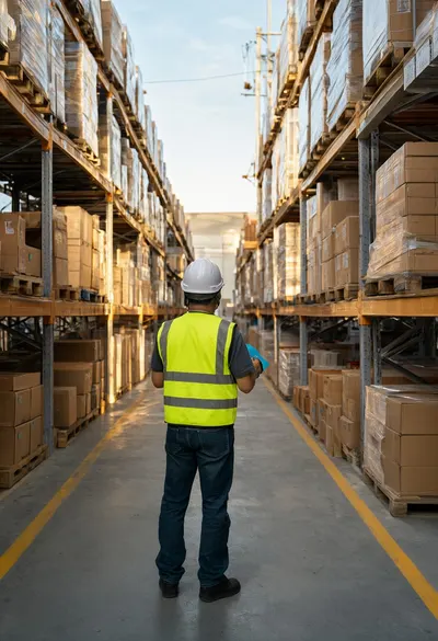 Worker in a Warehouse Aisle at golden hour