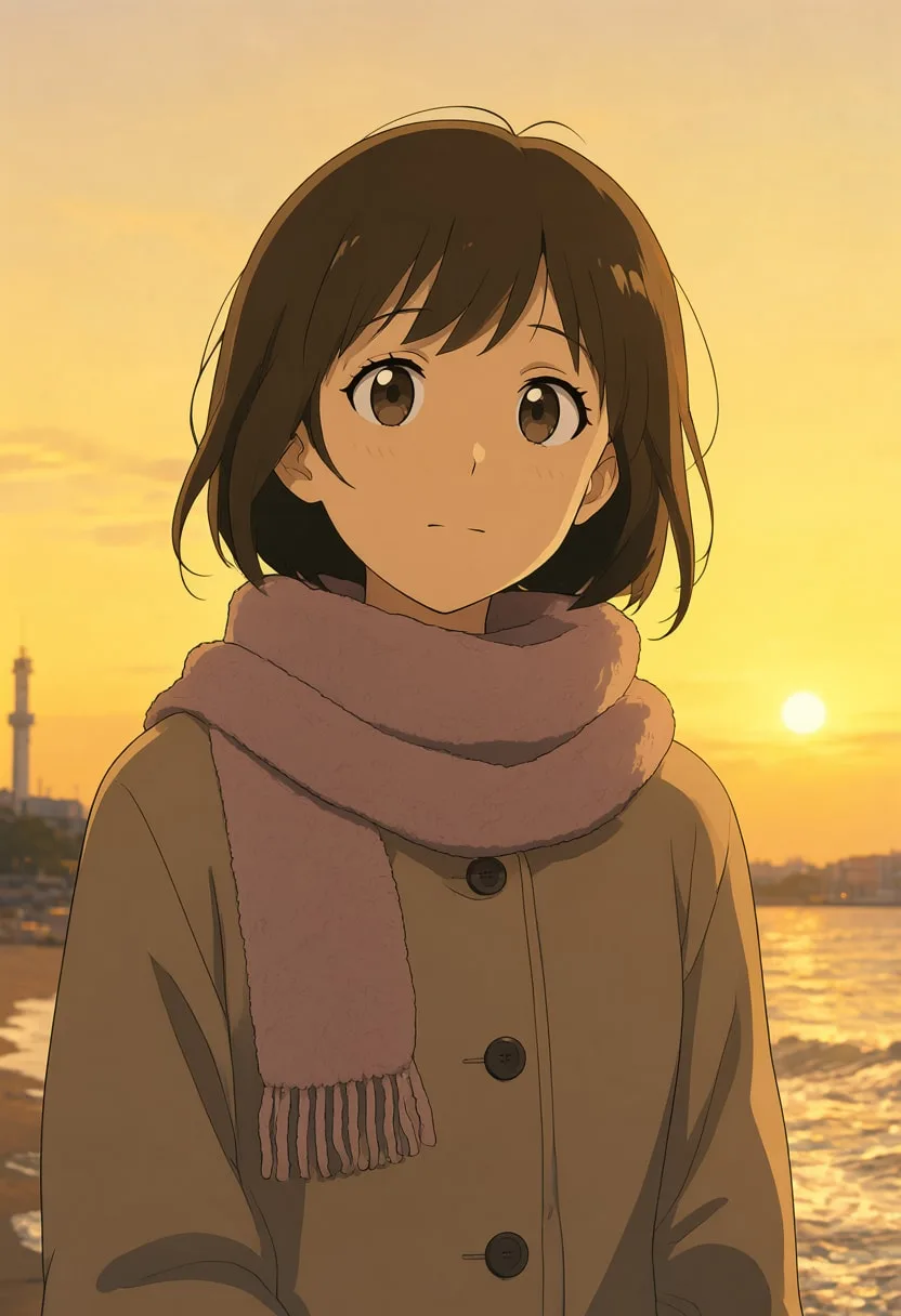 Cartoon Girl with a Scarf at golden hour