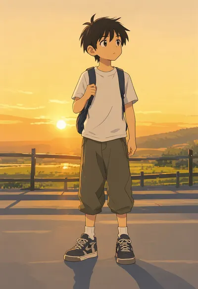 Cartoon Boy with a Backpack at golden hour