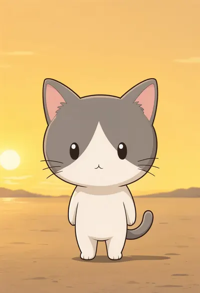 Cute Chibi Cat Character at golden hour