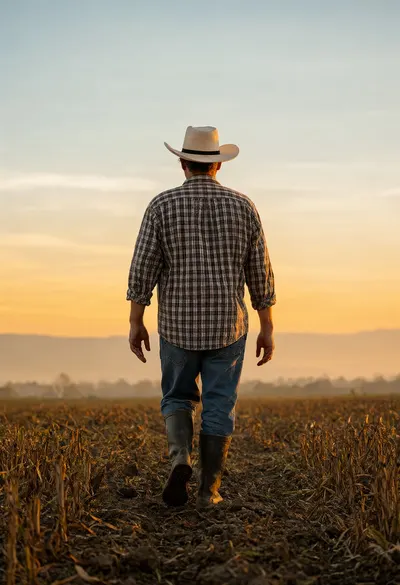 Farmer Walking through a Field at golden hour