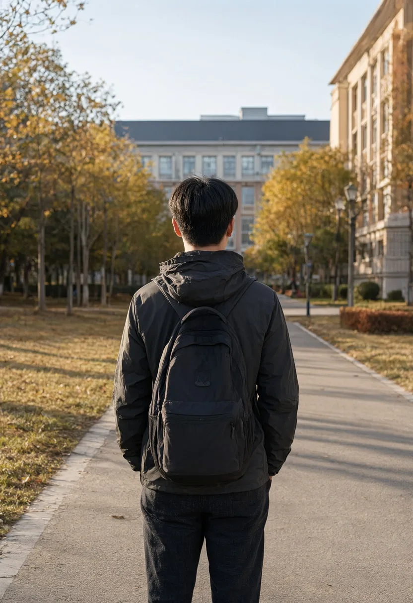 Student with a Backpack from Behind at golden hour