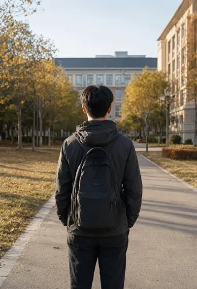 Student with a Backpack from Behind at golden hour