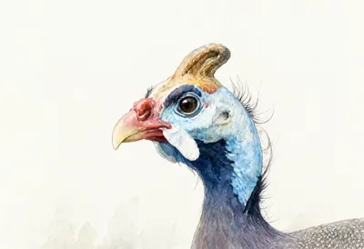 Guinea Fowl close-up portrait Watercolour