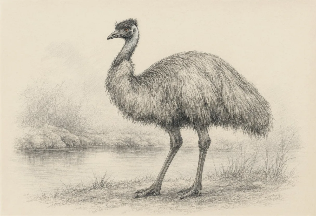 Emu beside calm water Pencil Sketch