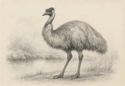 Emu beside calm water Pencil Sketch