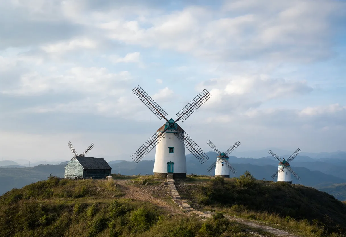 Windmill On A Hill Under Clouds on a quiet day