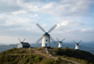 Windmill On A Hill Under Clouds on a quiet day