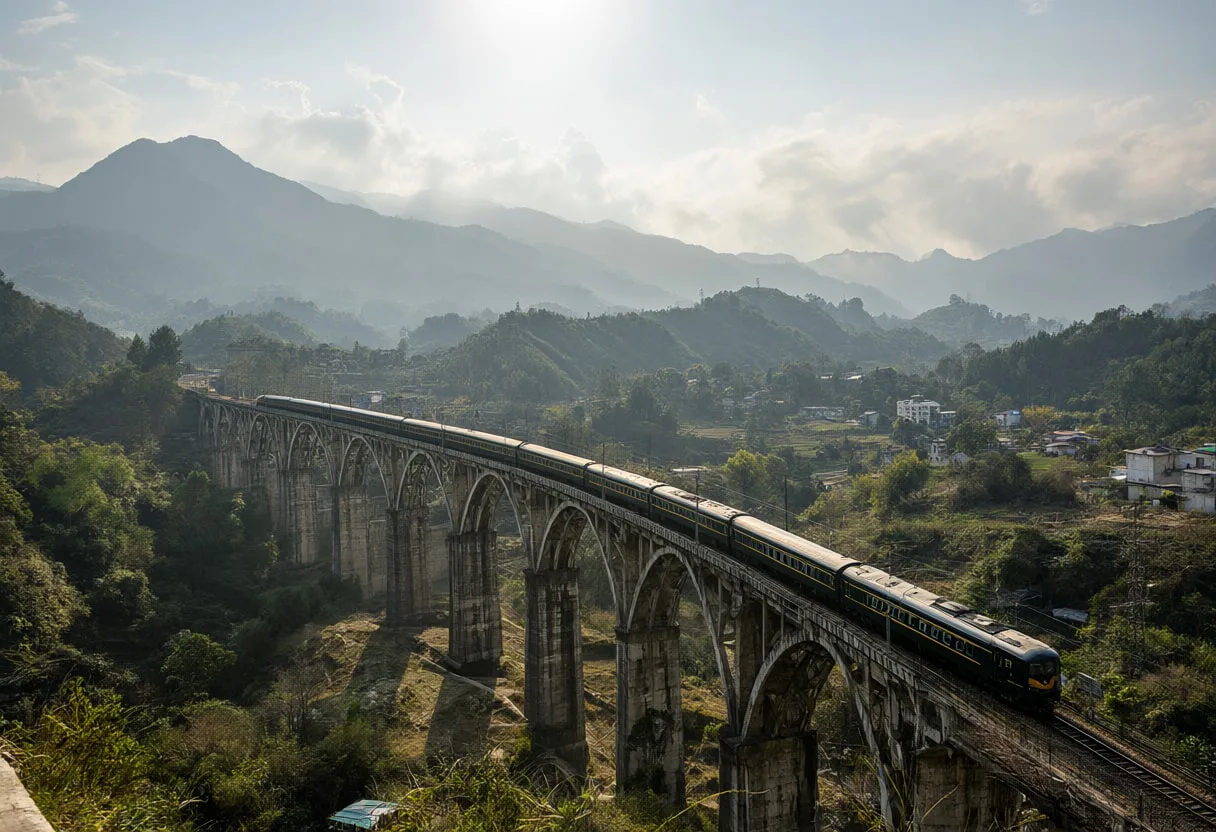 Train Crossing A Viaduct In A Valley