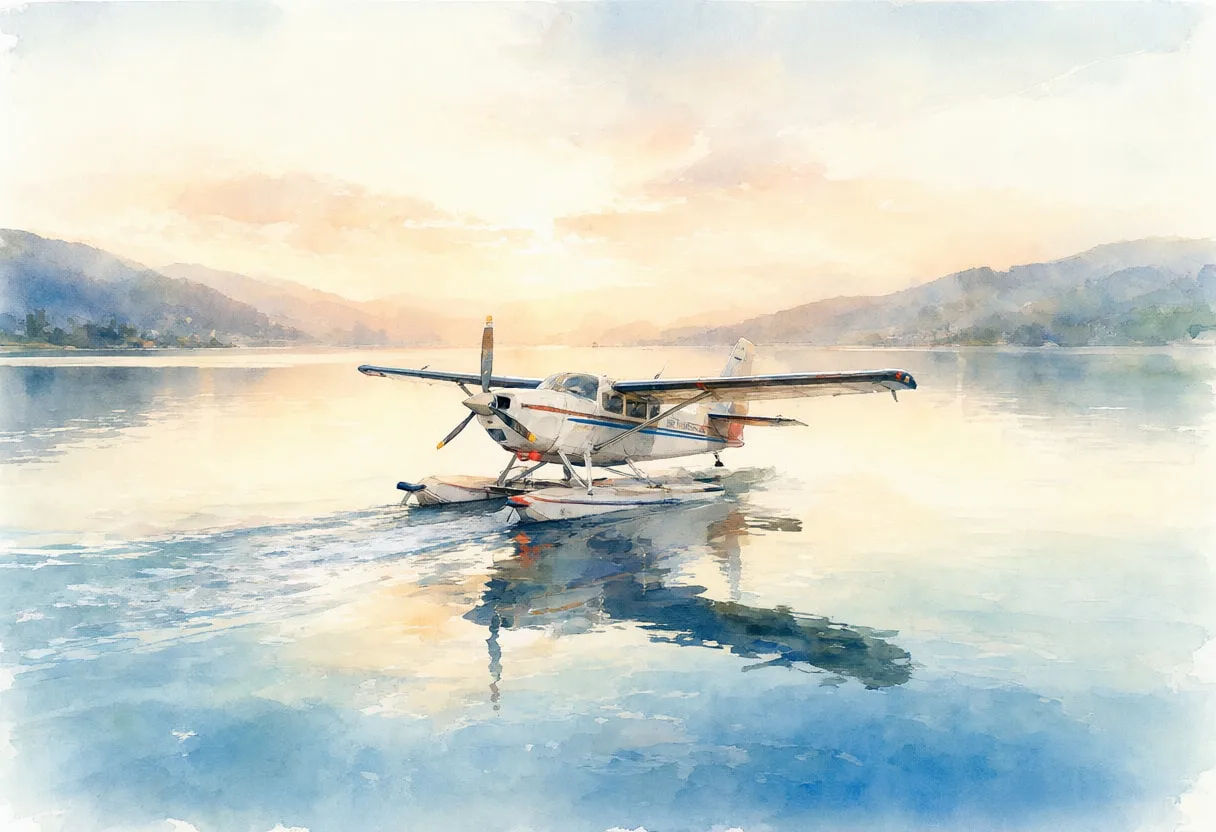 Seaplane On A Calm Lake At Dawn Watercolour