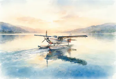 Seaplane On A Calm Lake At Dawn Watercolour