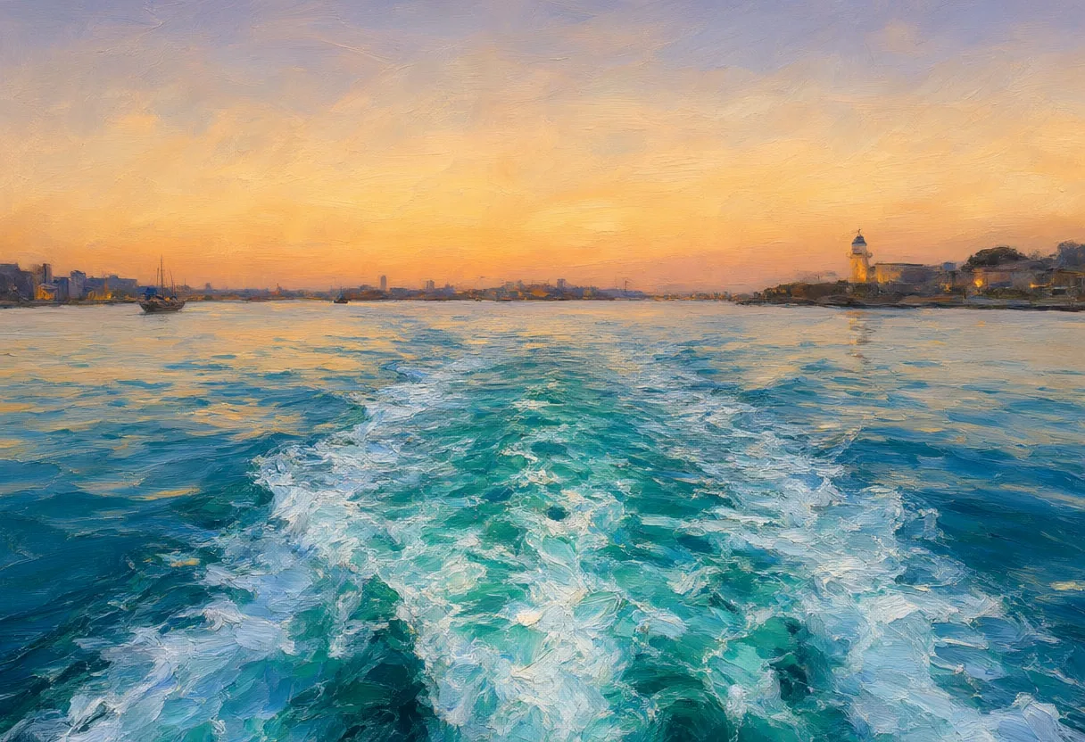 Boat Wake On Turquoise Water From Above at blue hour Oil Painting