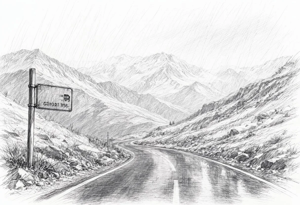 Mountain Pass With A Lonely Road Sign in the rain Pencil Sketch
