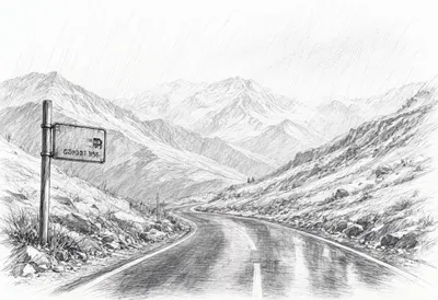 Mountain Pass With A Lonely Road Sign in the rain Pencil Sketch