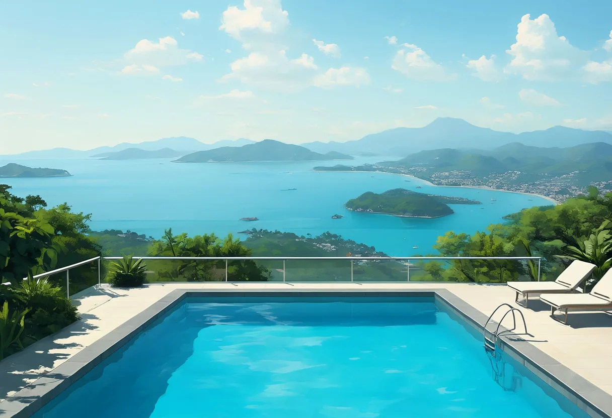Rooftop Pool Overlooking A Bay from above Digital Illustration