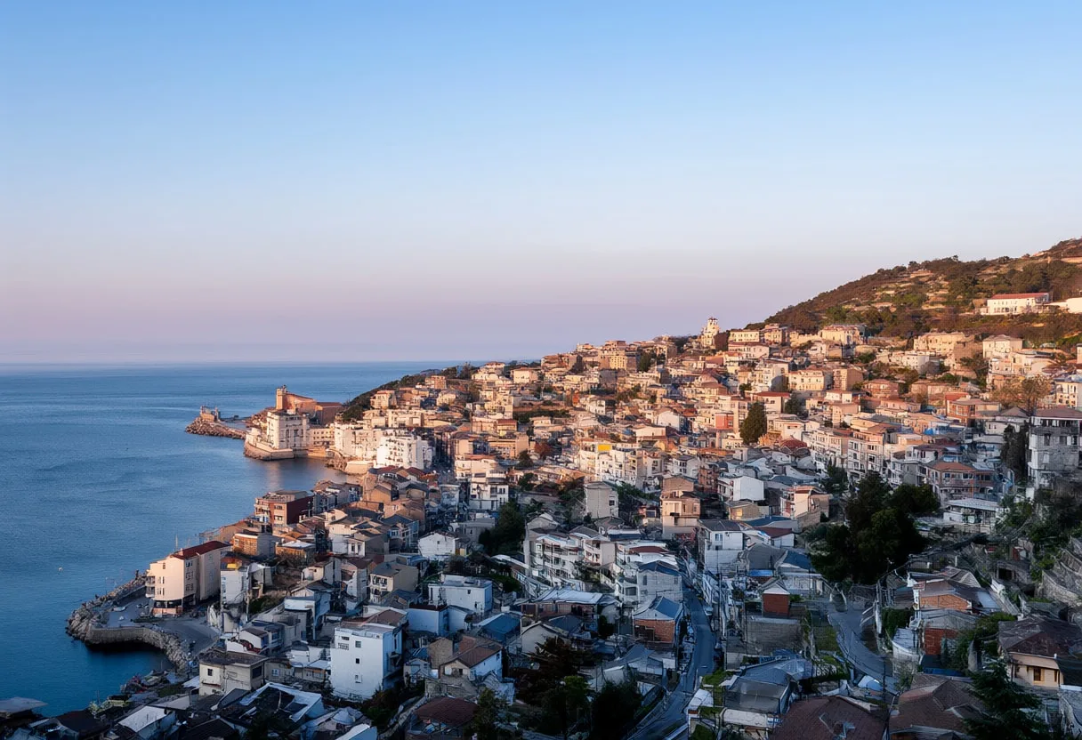 Coastal Town On A Hillside At Dusk