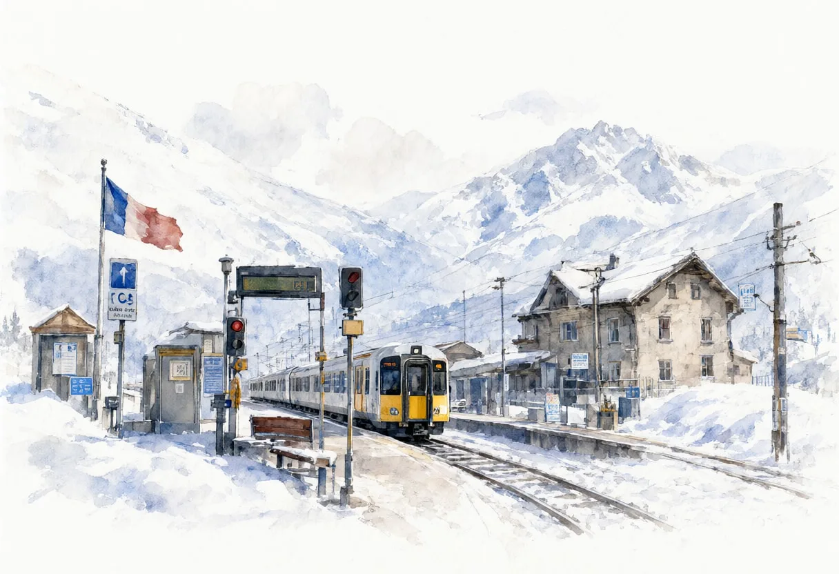 Snowy Train Station In The Mountains Watercolour