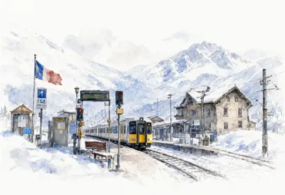 Snowy Train Station In The Mountains Watercolour