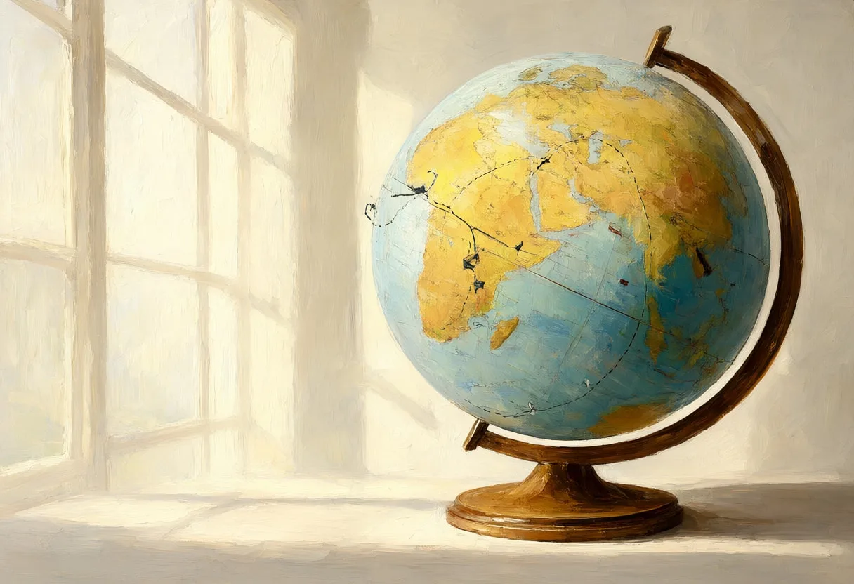 Vintage Globe With Dashed Route Lines in soft window light Oil Painting