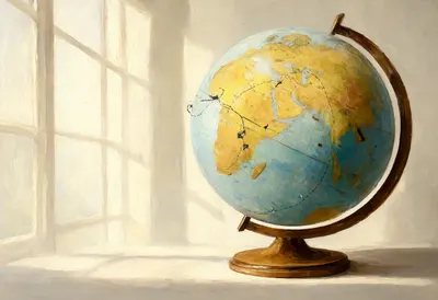 Vintage Globe With Dashed Route Lines in soft window light Oil Painting