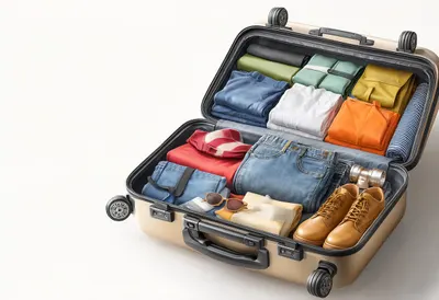 Open Suitcase With Neatly Folded Clothes styled with small travel props Digital Illustration