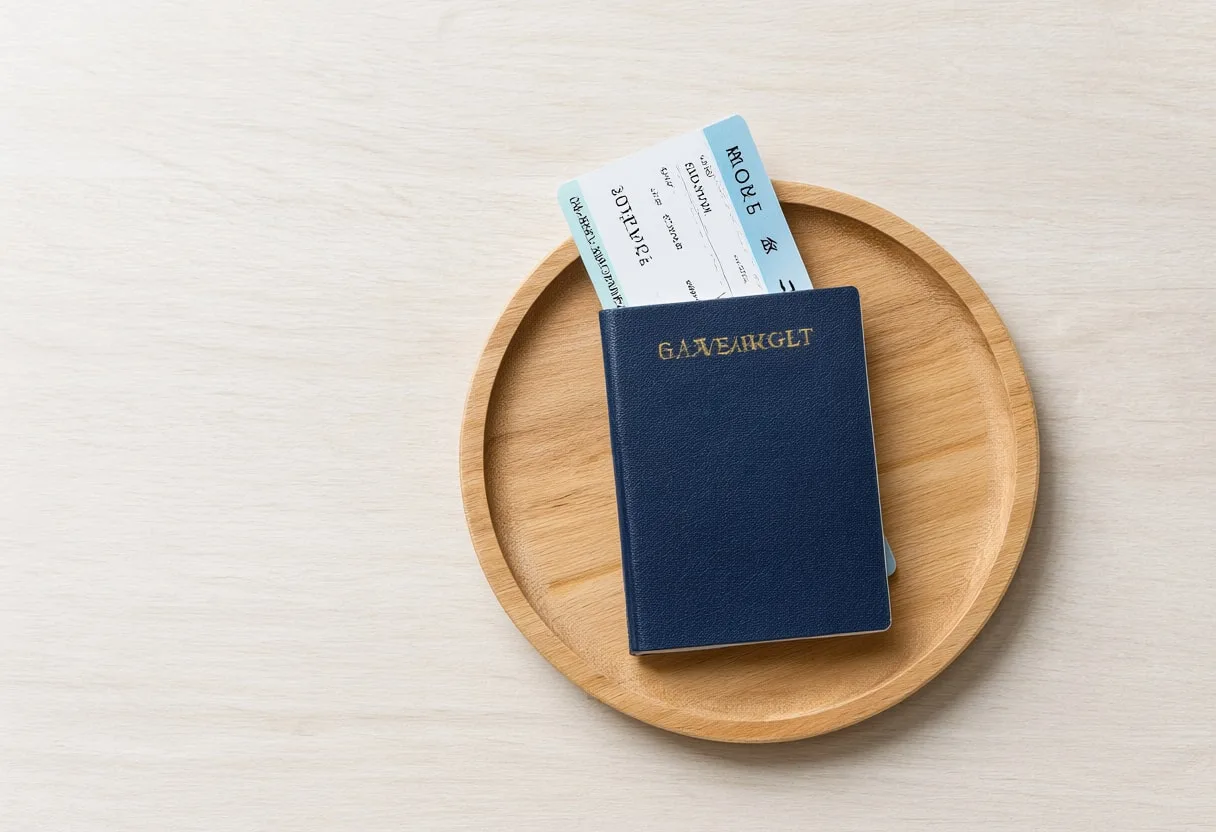 Passport And Boarding Pass On A Wooden Tray as a flat lay from above