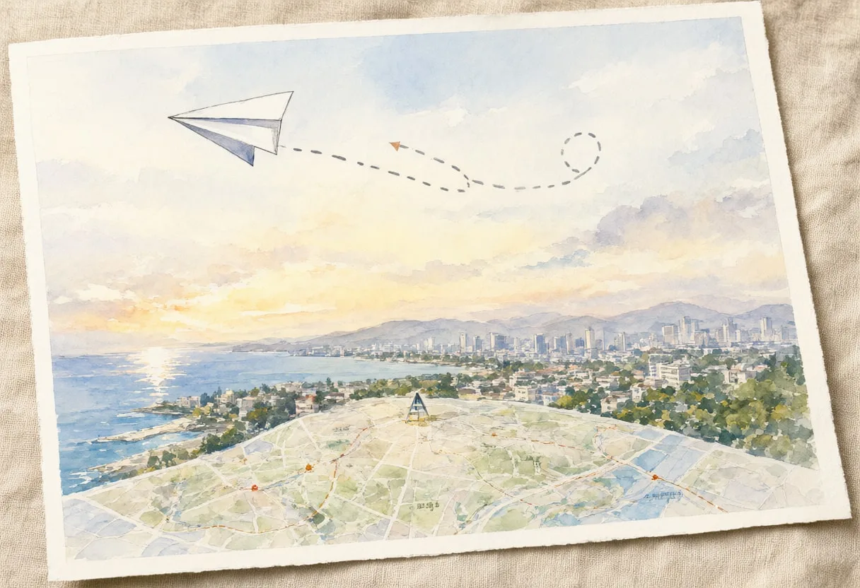 Paper Plane With A Dashed Trail Over A Map on a linen cloth Watercolour