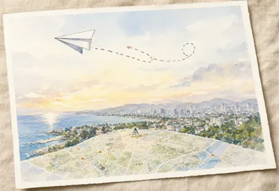 Paper Plane With A Dashed Trail Over A Map on a linen cloth Watercolour