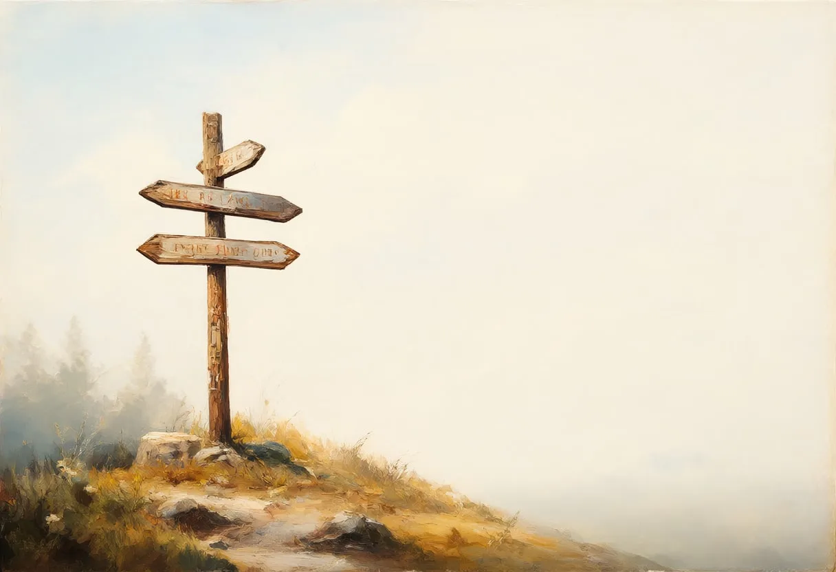 Signpost With Blank Arrows On A Hilltop in soft mist Oil Painting