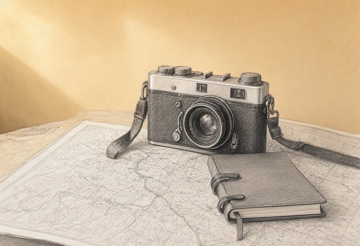 Camera And Notebook On A Travel Map against a warm plaster wall Pencil Sketch