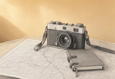 Camera And Notebook On A Travel Map against a warm plaster wall Pencil Sketch