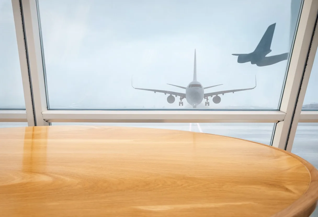 Airport Window With An Airplane Silhouette on a warm wooden table