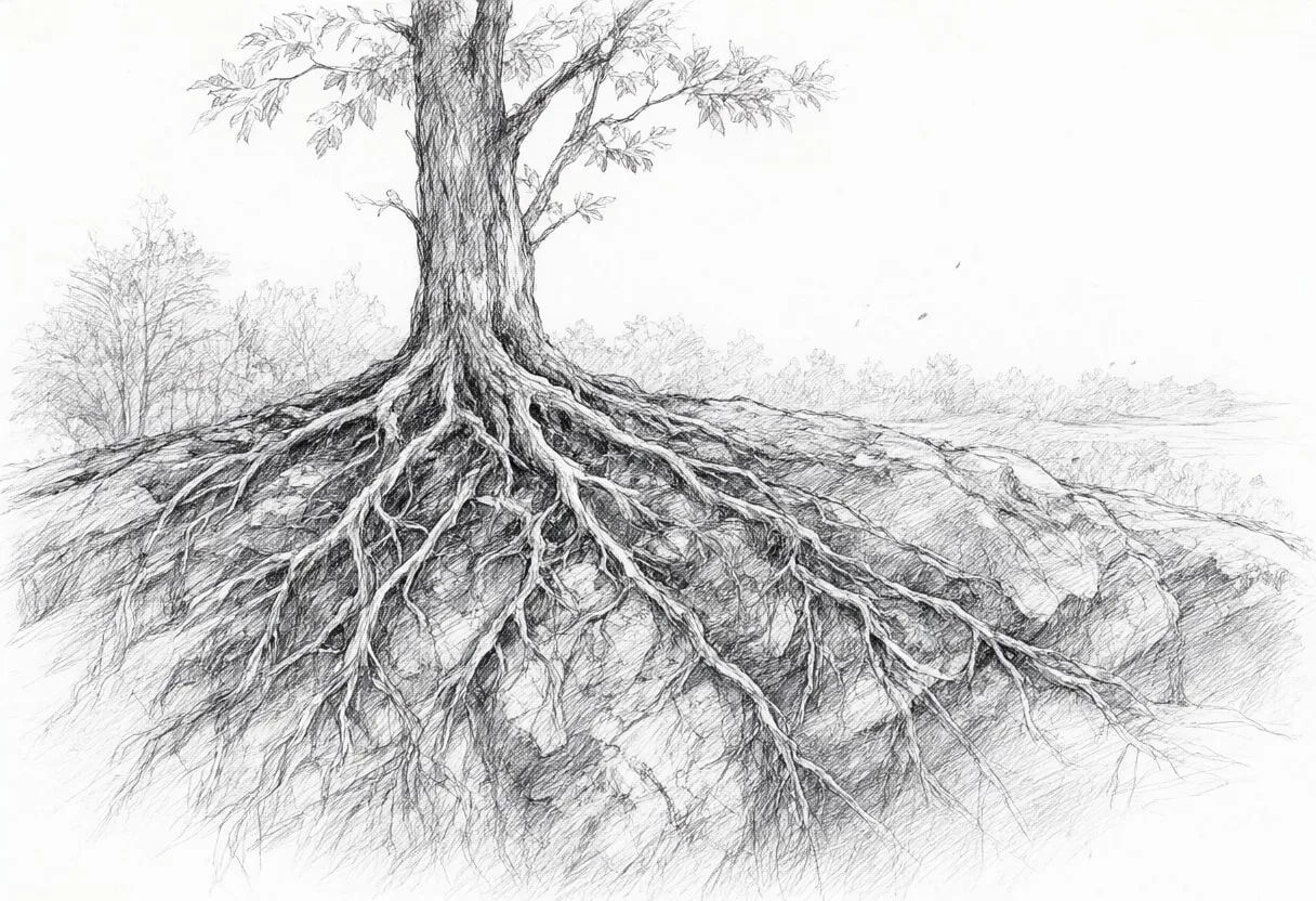 Tree Roots Over Rock after rain Pencil Sketch