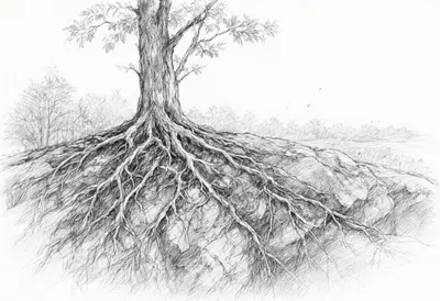 Tree Roots Over Rock after rain Pencil Sketch