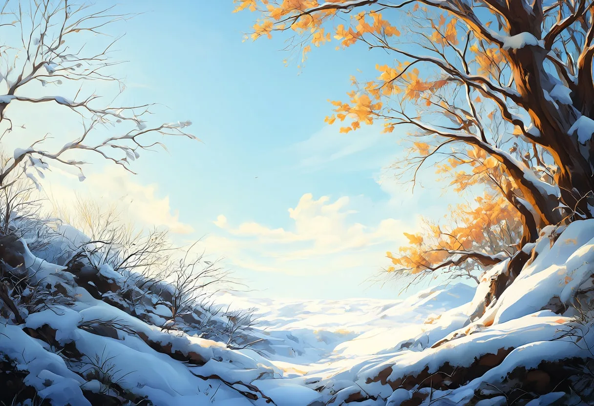 Snow On Dark Branches in warm summer light Digital Illustration