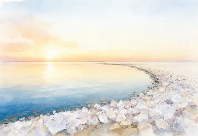 Salt Crystal Shoreline at golden hour Watercolour