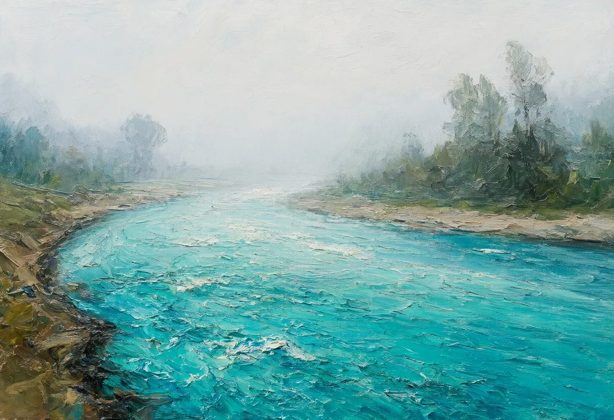 Turquoise River Bend in soft mist Oil Painting